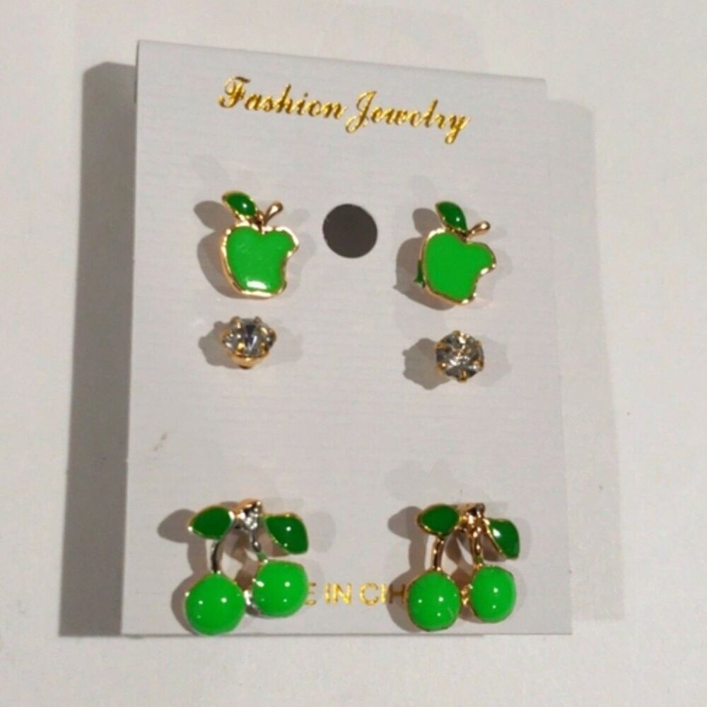 Gold Tone Green Apple, Cherries & Crystal Stud Earrings Set - Women's Jewelry